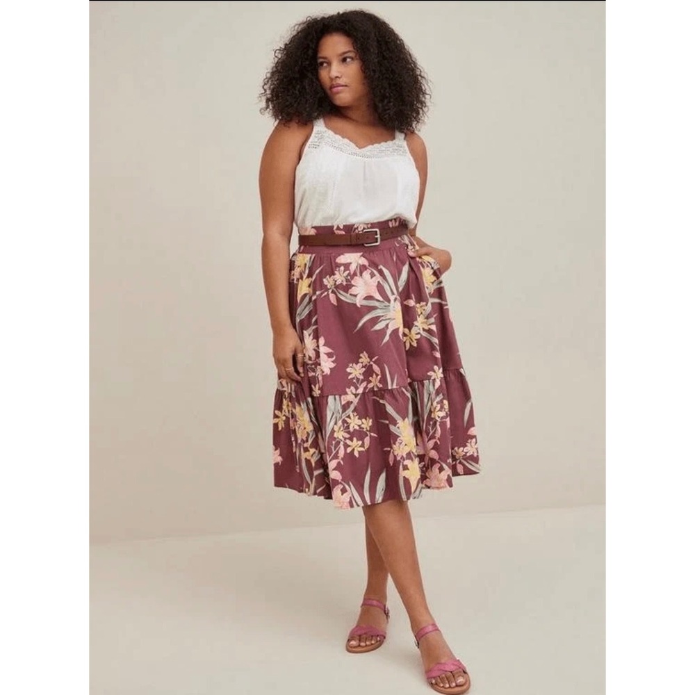 Torrid Floral Lily Tiered midi poplin Skirt‎ Plus Size 3 Smocked Waist Lined